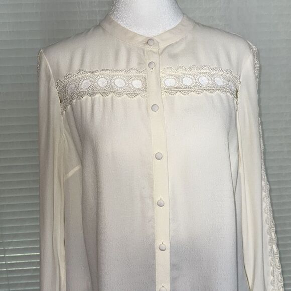 Boden 4P Ivory Yoke Collar Button Front Lace Eyelet Inset Long Sleeve Blouse - Picture 5 of 16